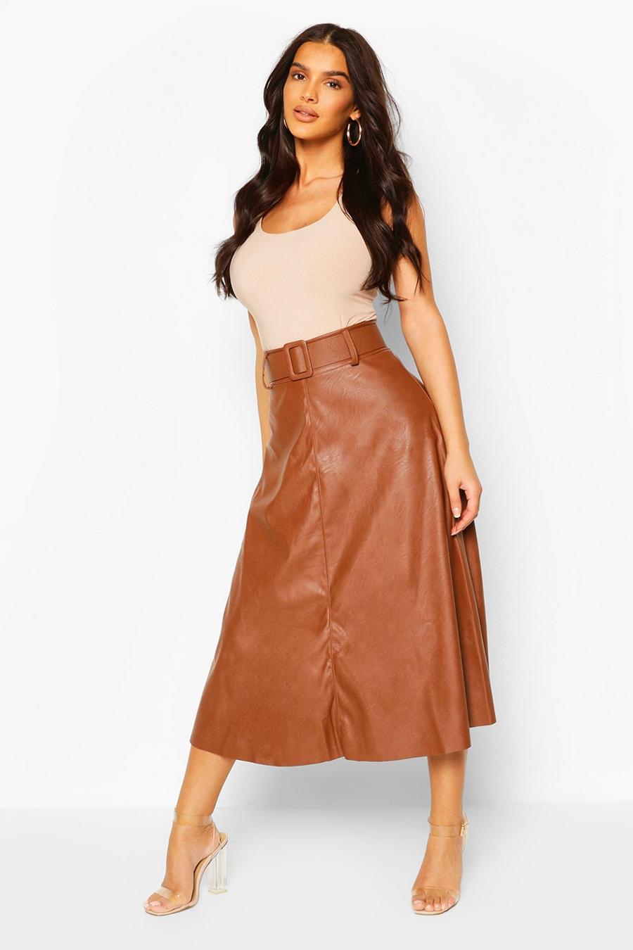 Tan brun Leather Look Self Belt Skater Skirt