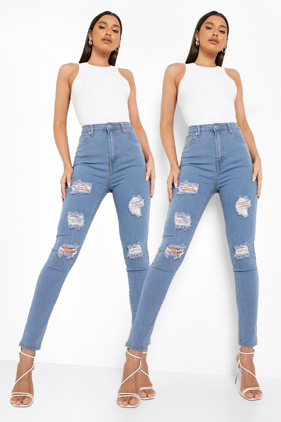 Confezione con 2 jeans skinny a vita alta effetto consumato, Multi image number 1