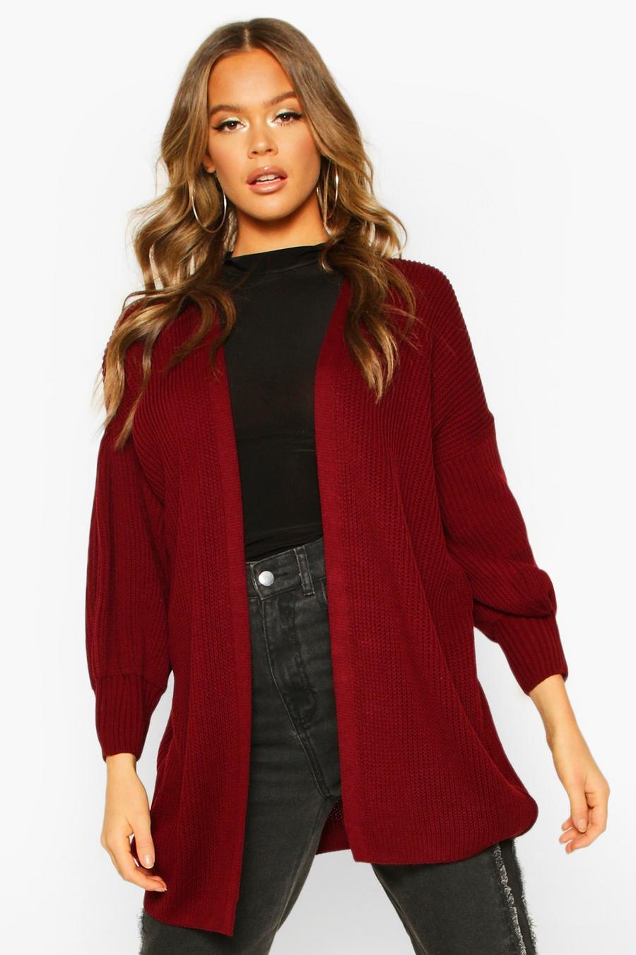 Balloon Sleeve Knitted Cardigan, Berry image number 1