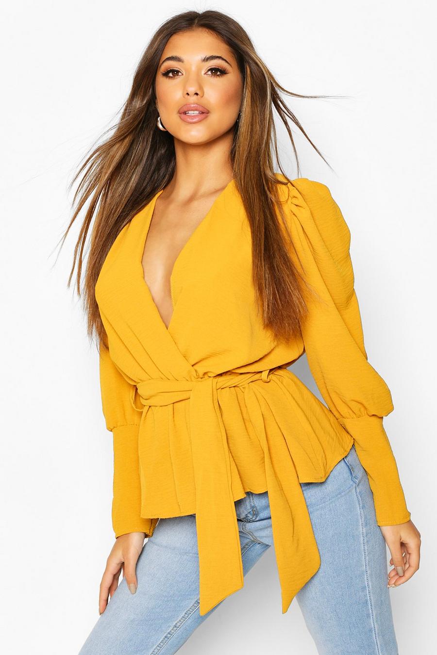 Mustard Puff Sleeve Wrap Blouse image number 1