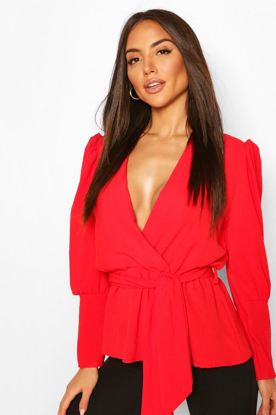 Red Puff Sleeve Wrap Blouse image number 1