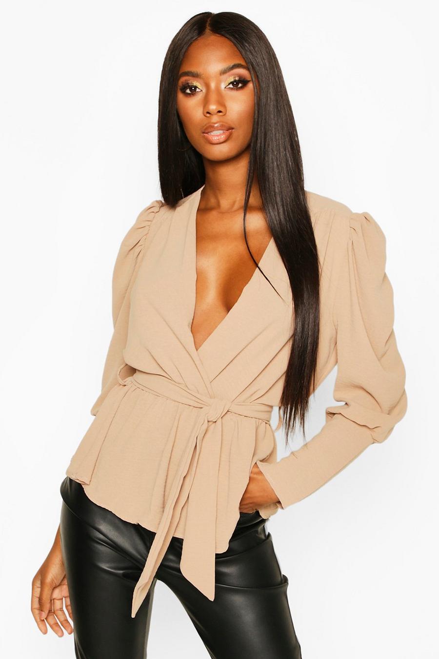 Stone beige Puff Sleeve Wrap Blouse image number 1