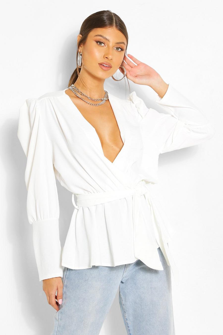 White weiß Puff Sleeve Wrap Blouse image number 1