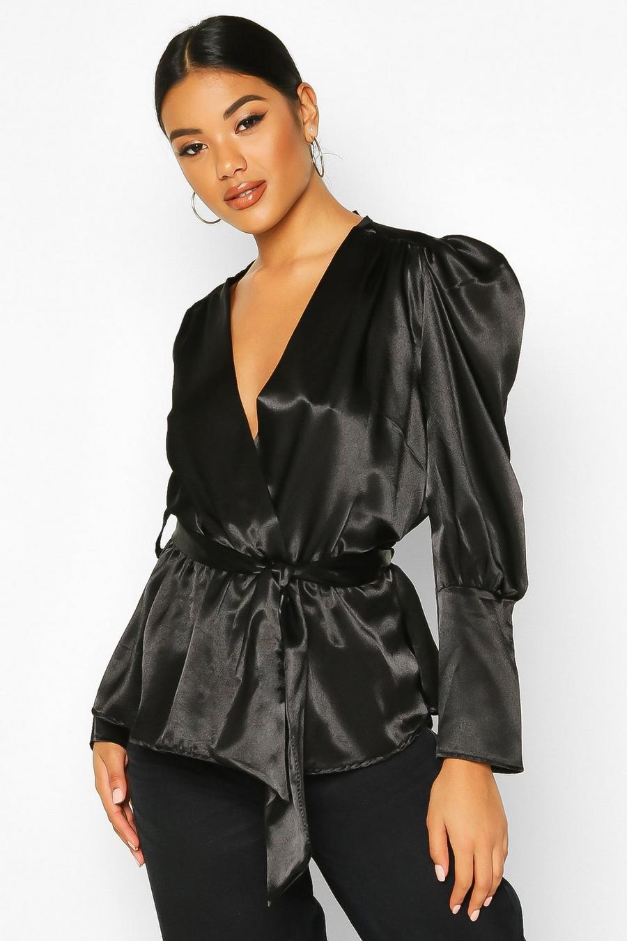 Satin Puff Sleeve Wrap Top image number 1