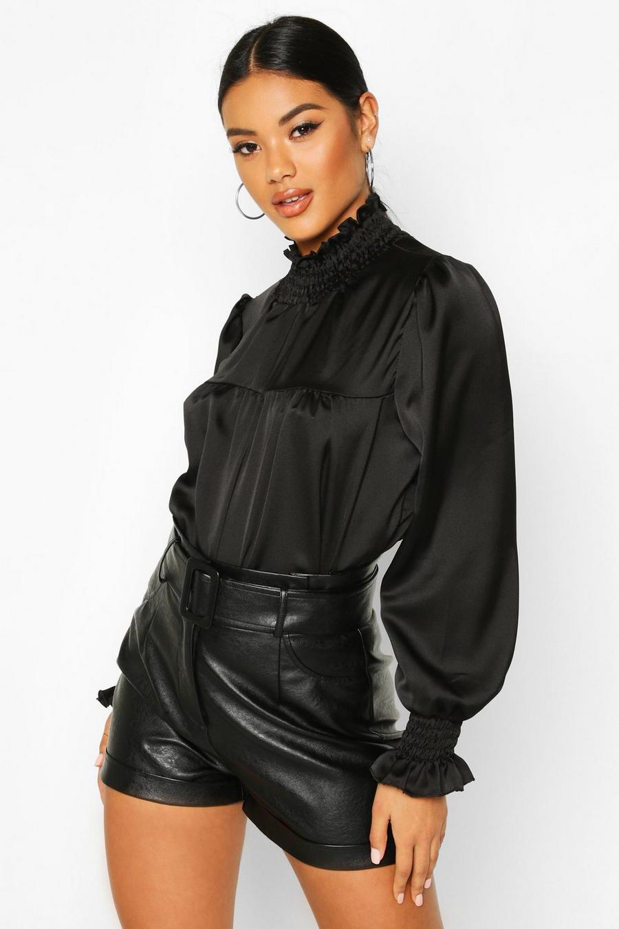 Satin High Neck Shirred Cuff Top image number 1