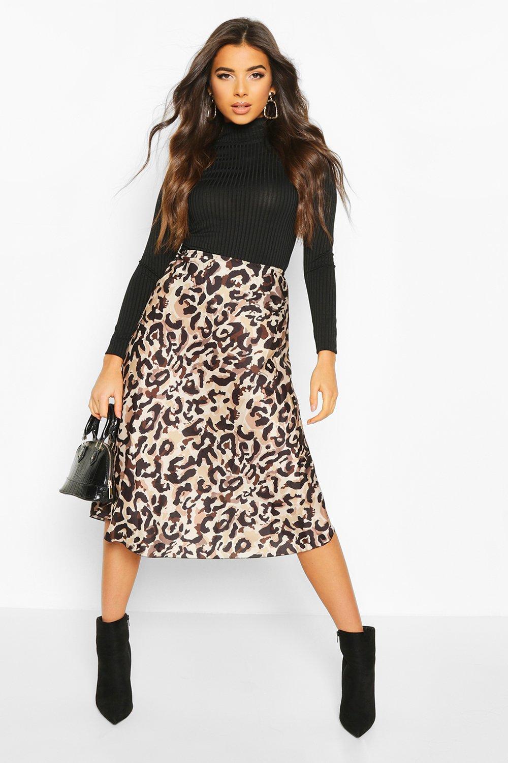 Leopard Satin Slip Midi Skirt