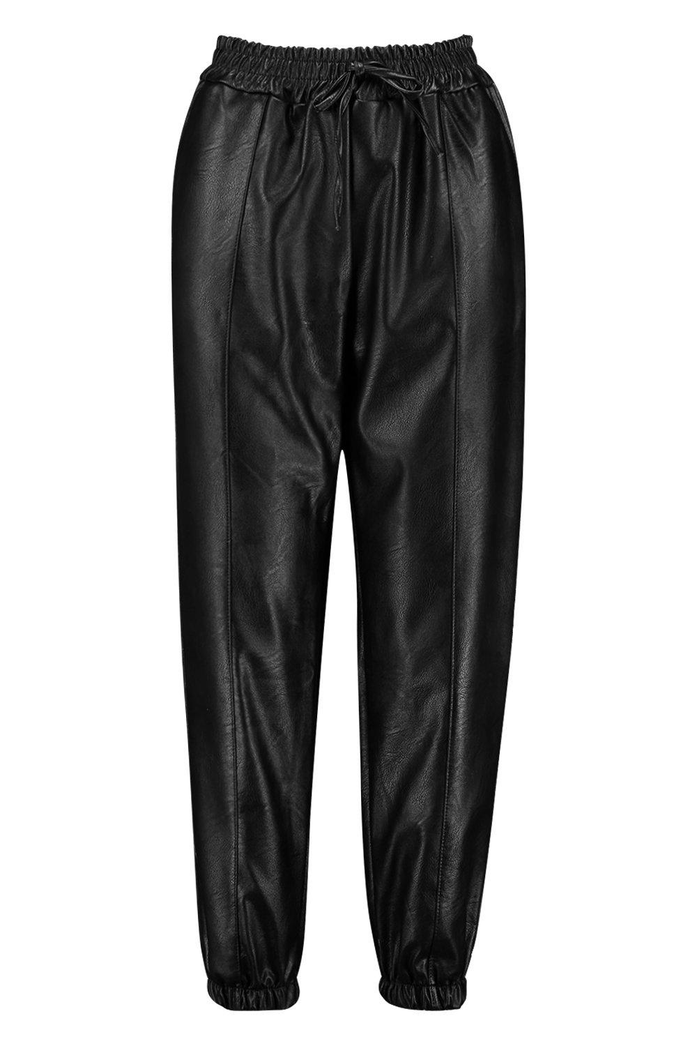 JWZUY Womens Solid Faux PU Leather Sweatpants Ankle Length Drawstrijg  Elastic Waist Pant Dressy Jogger Pants Black M 