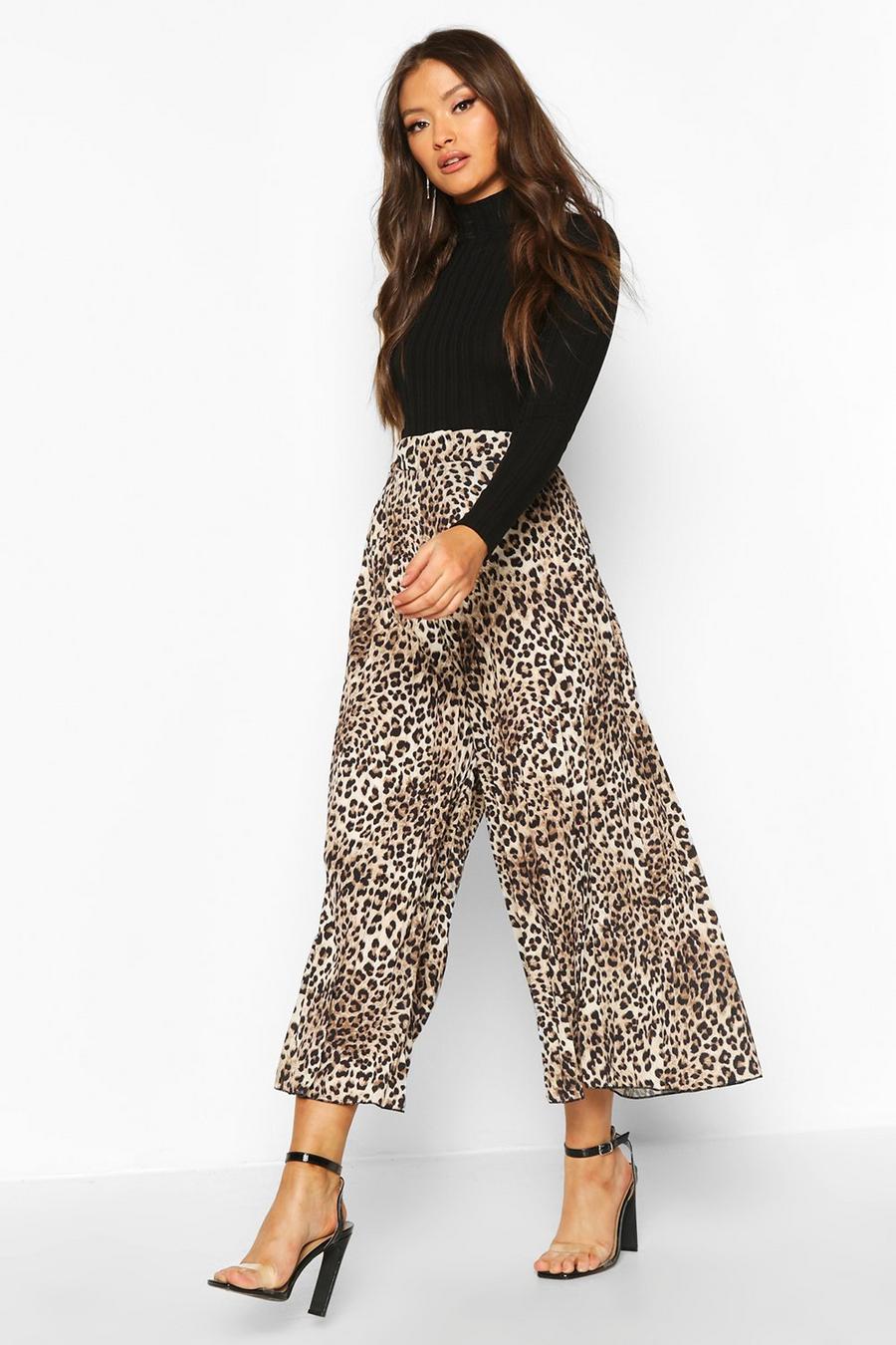 Leopard Pleated Wide Leg Culottes image number 1