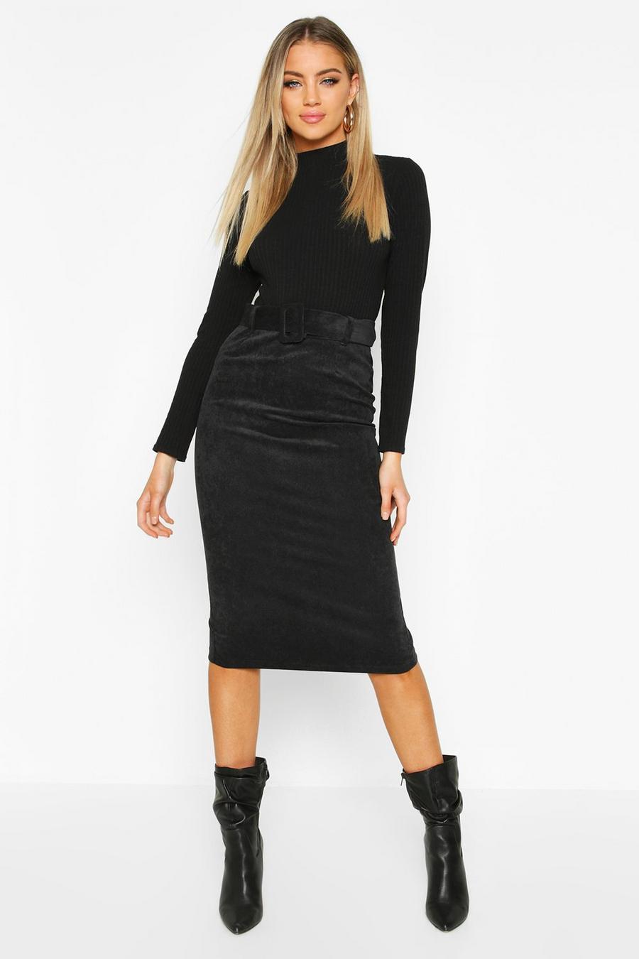 Black svart Self Fabric Belted Cord Midi Skirt image number 1