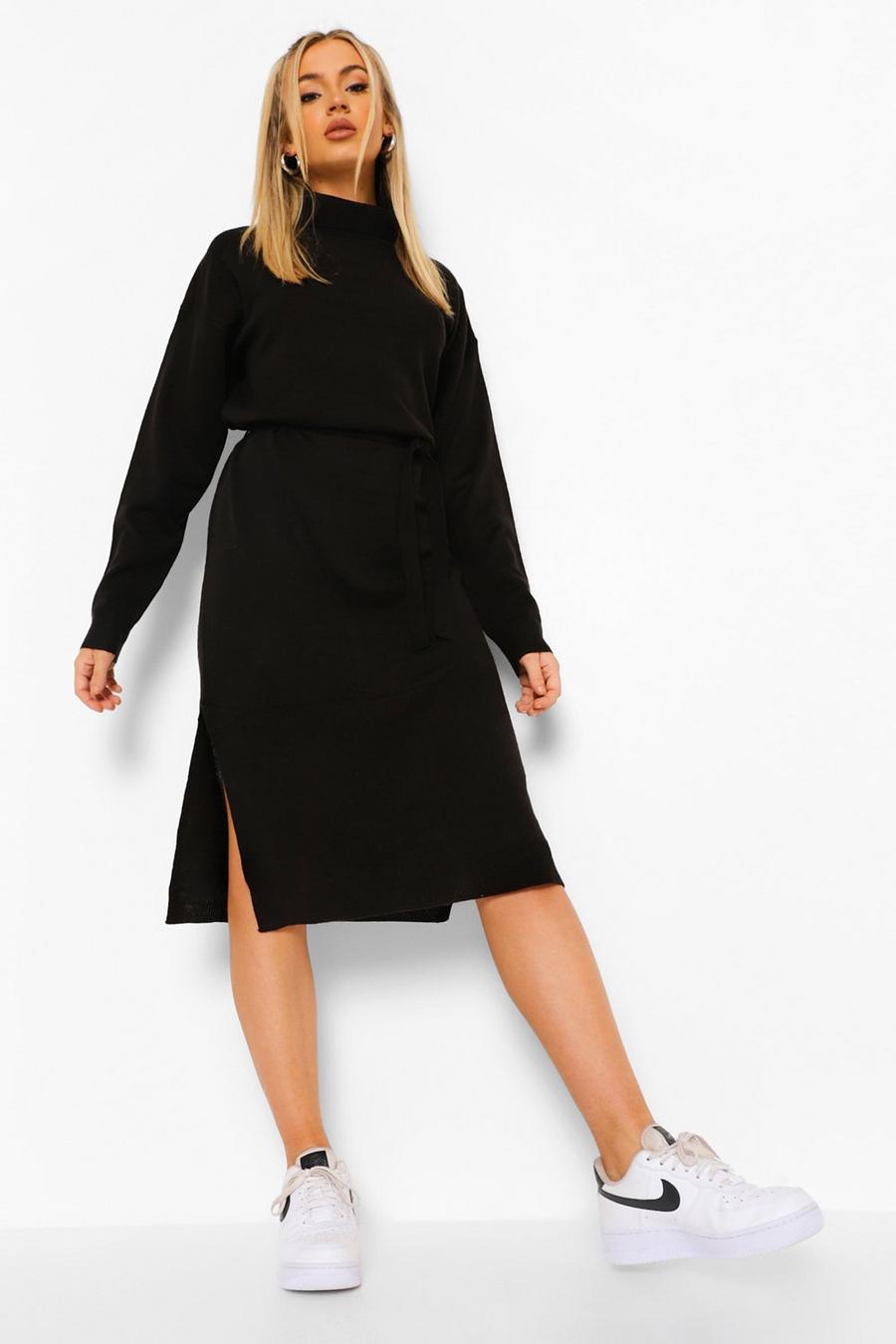 Black Fine Gauge Turtleneck Midi Sweater Dress