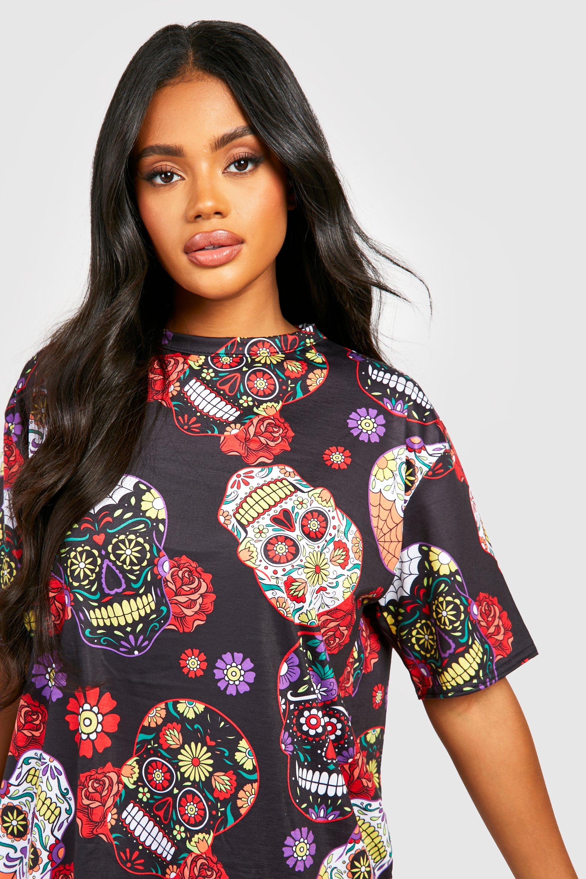 boohoo Womens Plus Halloween Sugar Skull T-Shirt Dress - Black 22