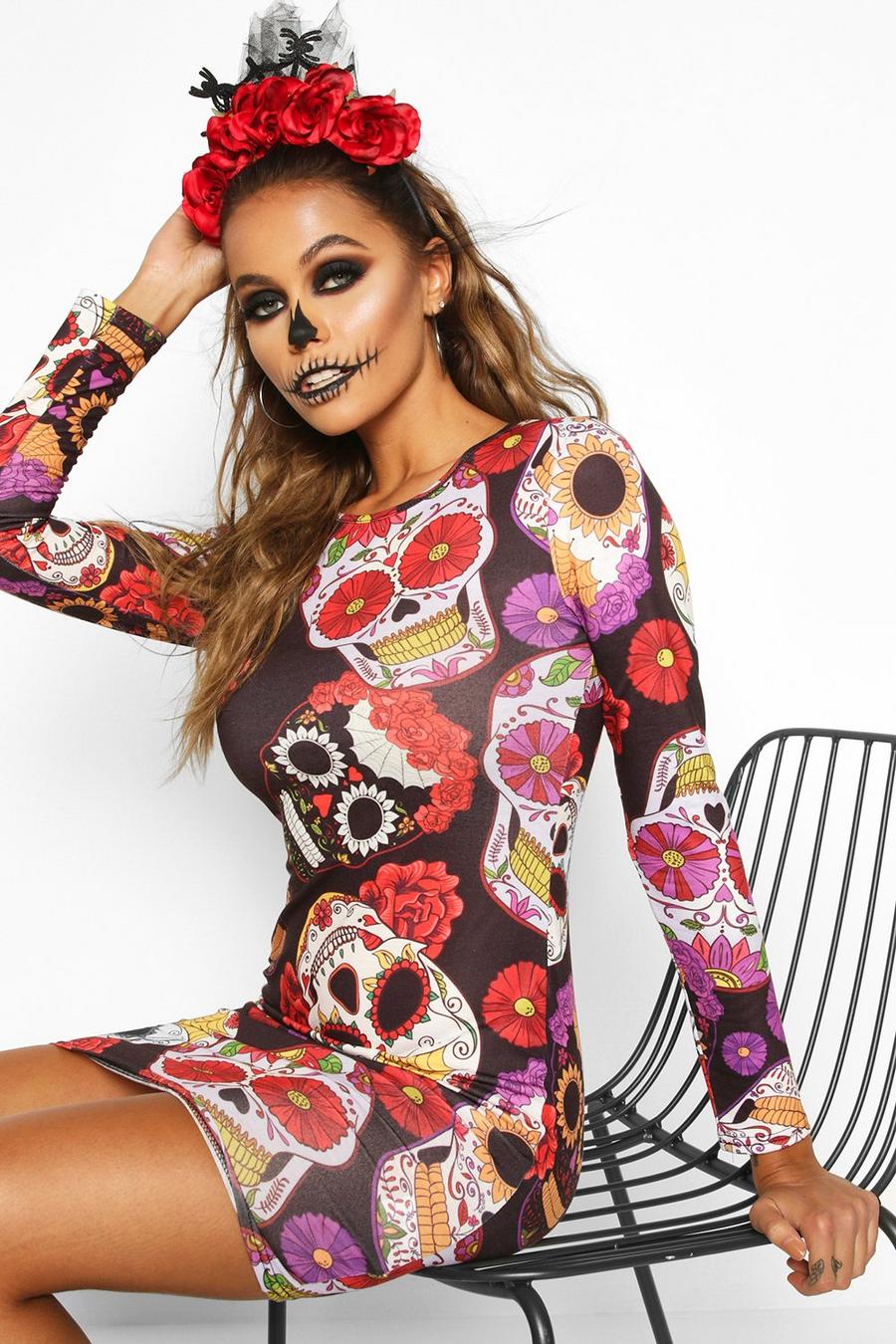 Black Halloween Sugar Skull Print Midi Bodycon Dress