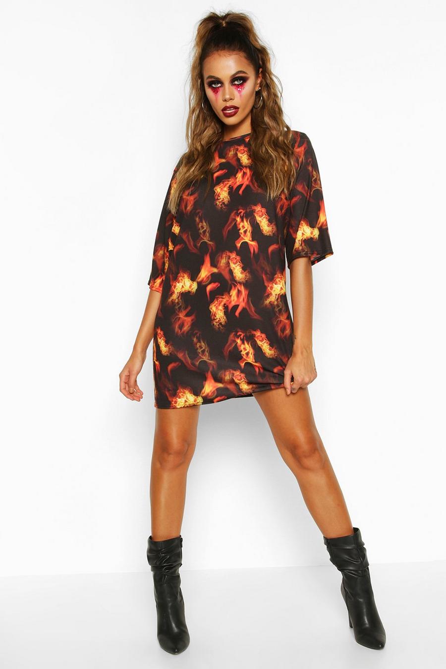 Black Halloween Flame Graphic T-Shirt Dress image number 1
