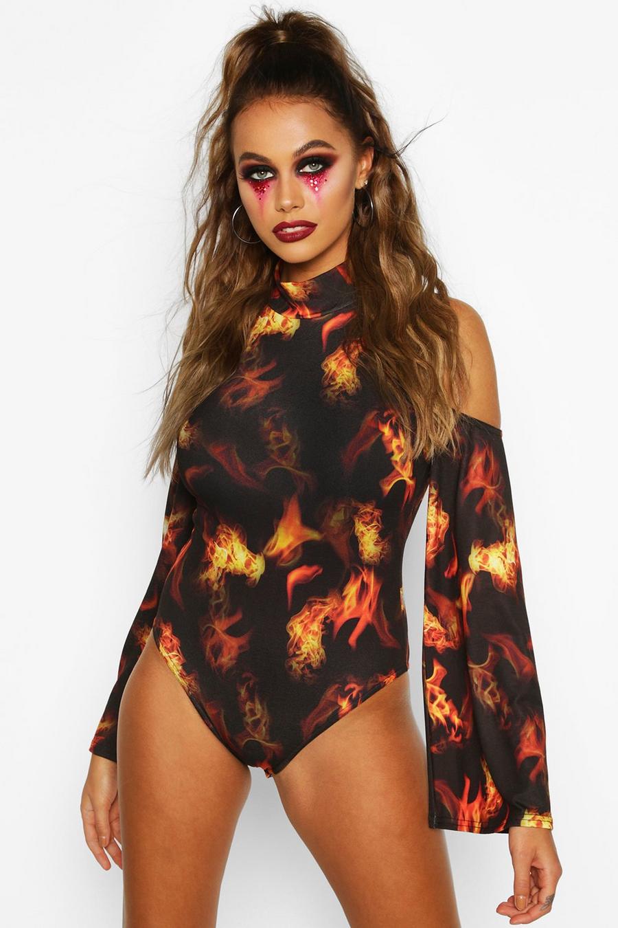 Fire Flame Print Turtleneck Bodysuit, High Neck Long Sleeve Bodysuit –  Kinky Cloth