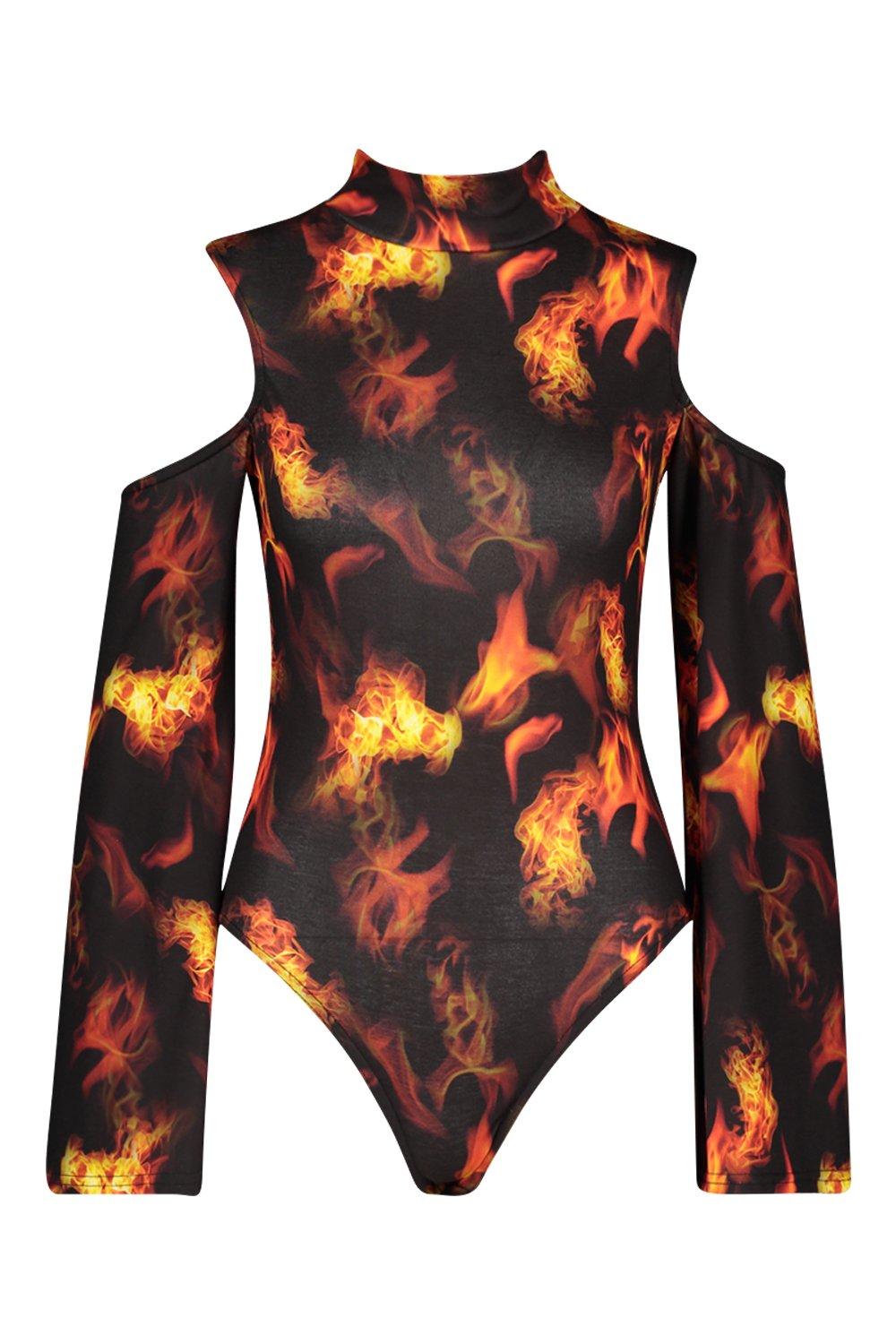 Orange Flame Print Mesh High Neck Bodysuit