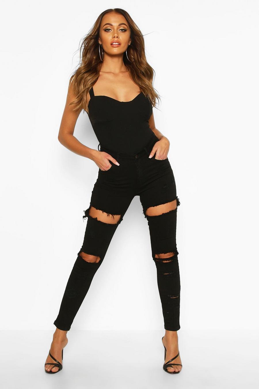 Black High Rise Stretch Distressed Skinny Jeans image number 1