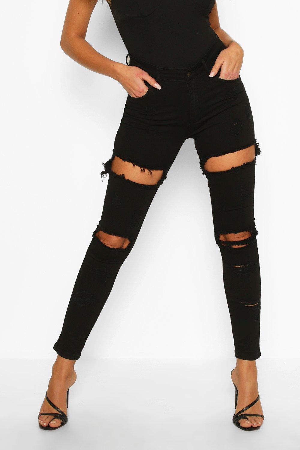 High rise discount black ripped jeans