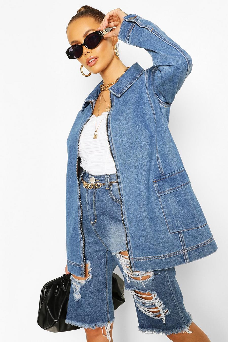Veste en jean à détail poche coupe oversize, Bleu moyen image number 1