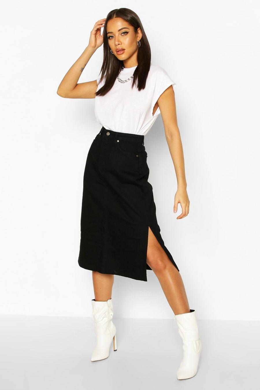 Black Split Hems Denim Midi Skirt image number 1