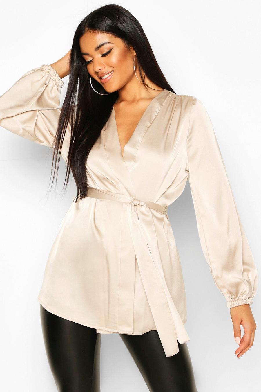 Champagne Satin Wrap Front Blouse image number 1
