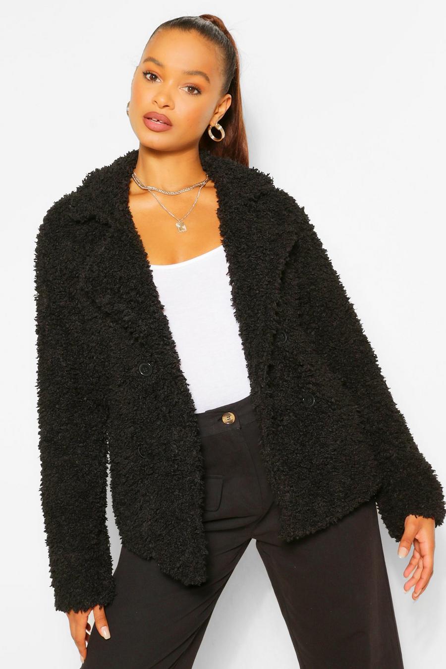Black Double Breasted Faux Fur Teddy Coat image number 1