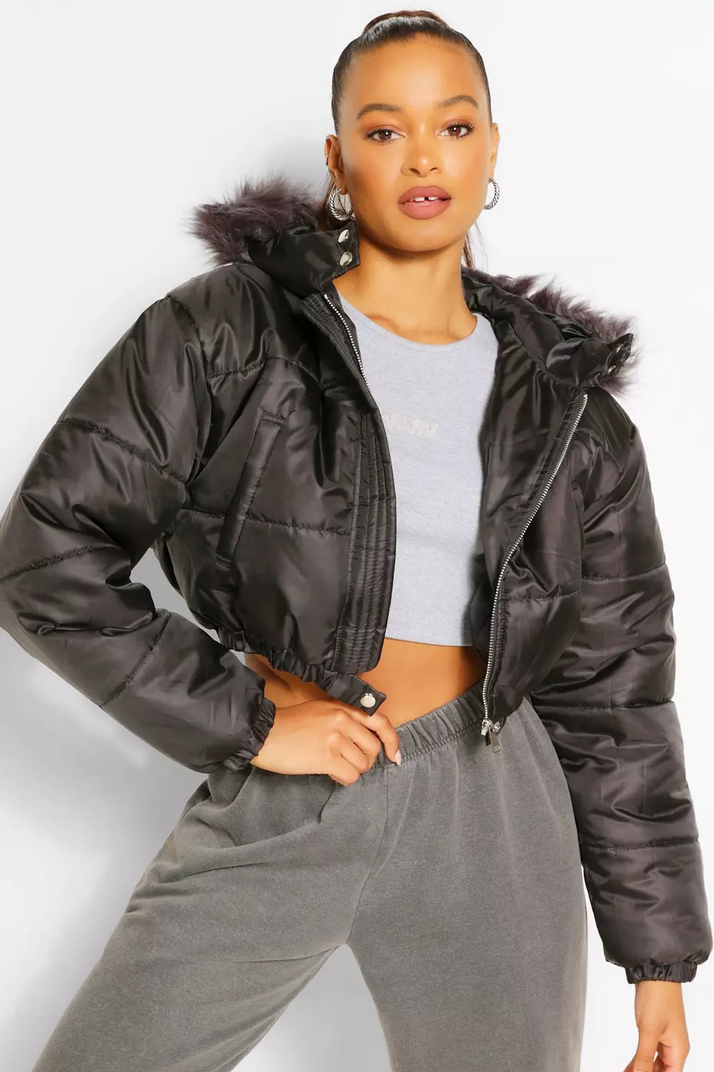 Boohoo crop hooded shop puffer jacket in black