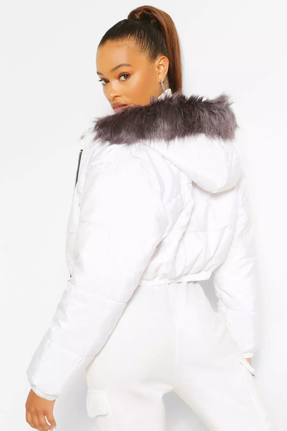 Cropped fur store puffer jacket