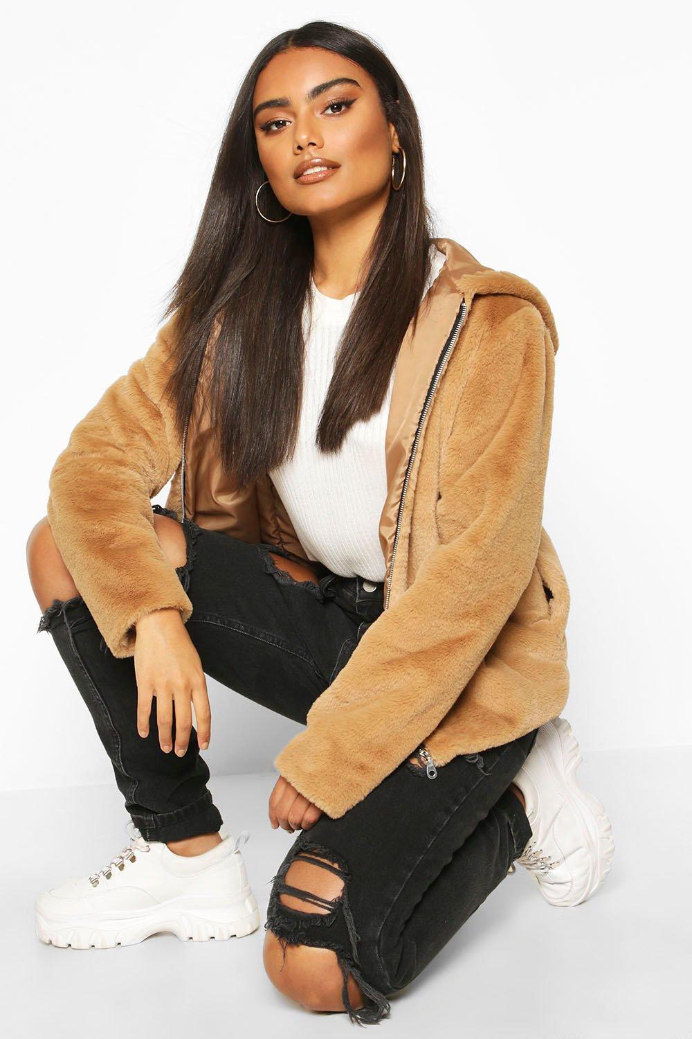 boohoo hooded faux fur coat