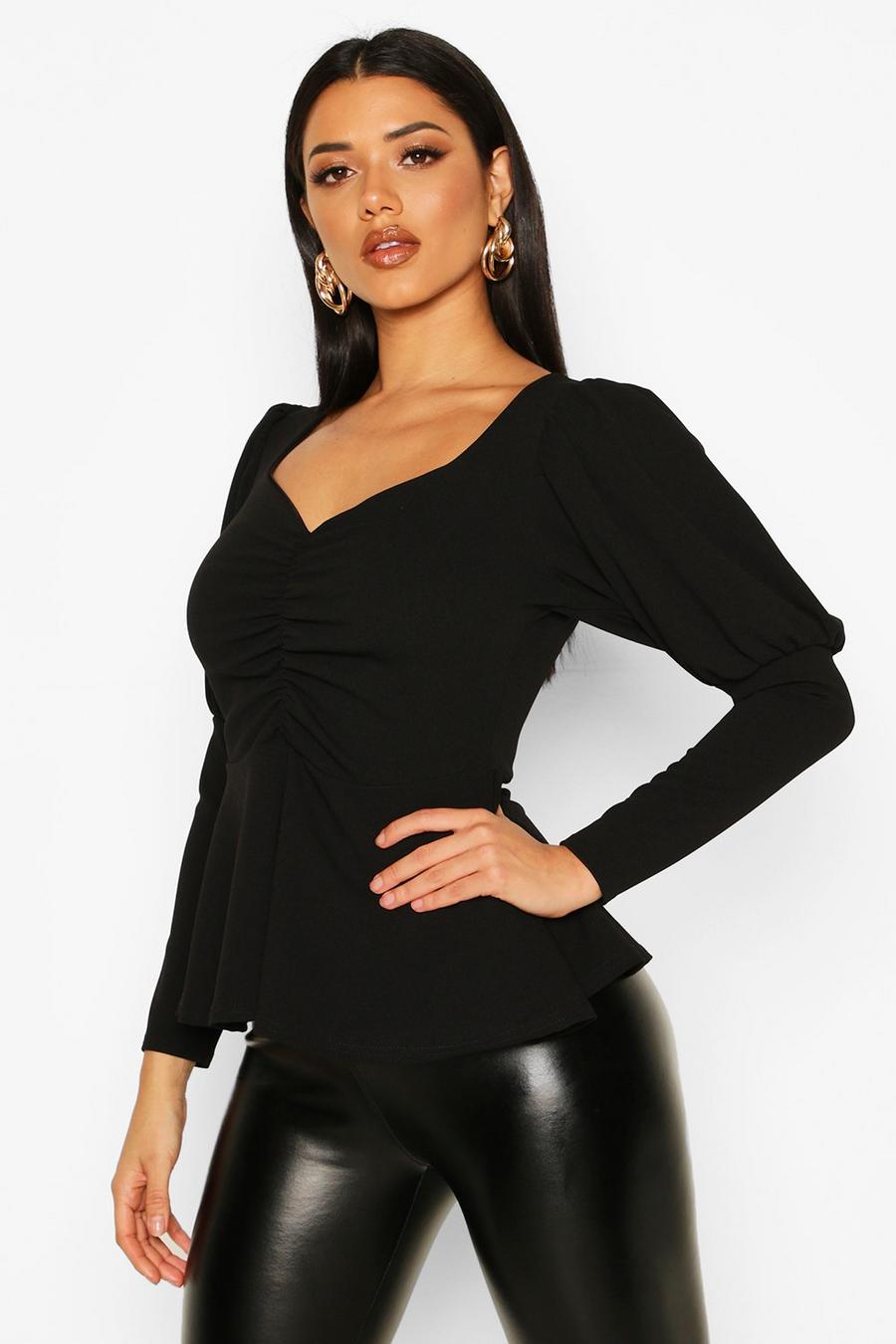 Ruched Bust Puff Sleeve Peplum Top image number 1