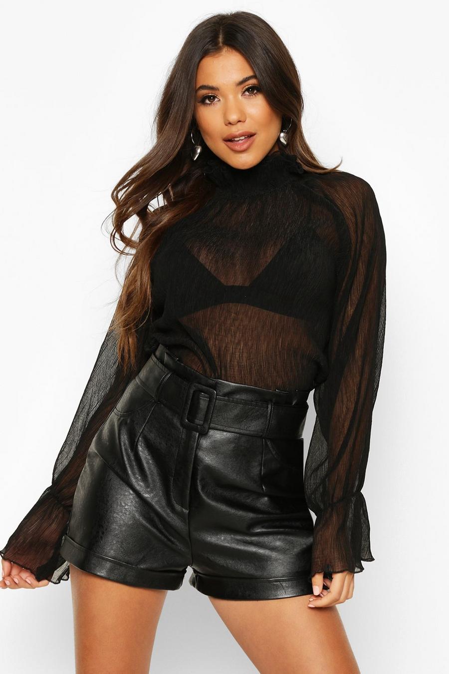 Black High Neck Crinkle Fabric Sheer Blouse image number 1