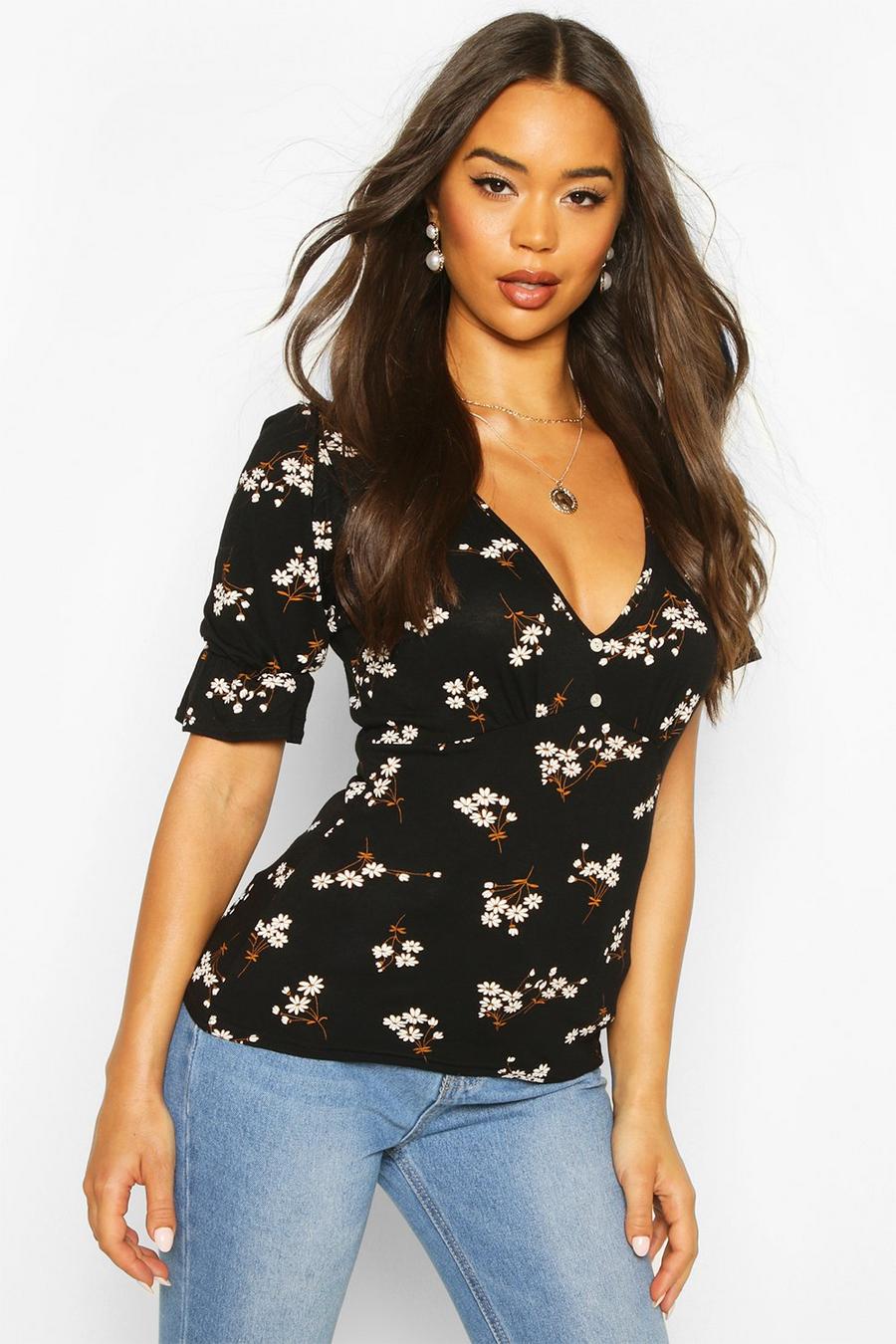 Black Floral Puff Sleeve Top image number 1