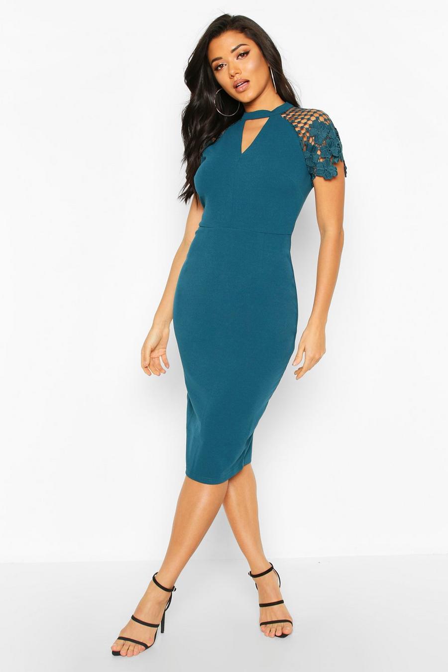 Teal High Neck Flared Sleeve Lace Top Midi Dress image number 1