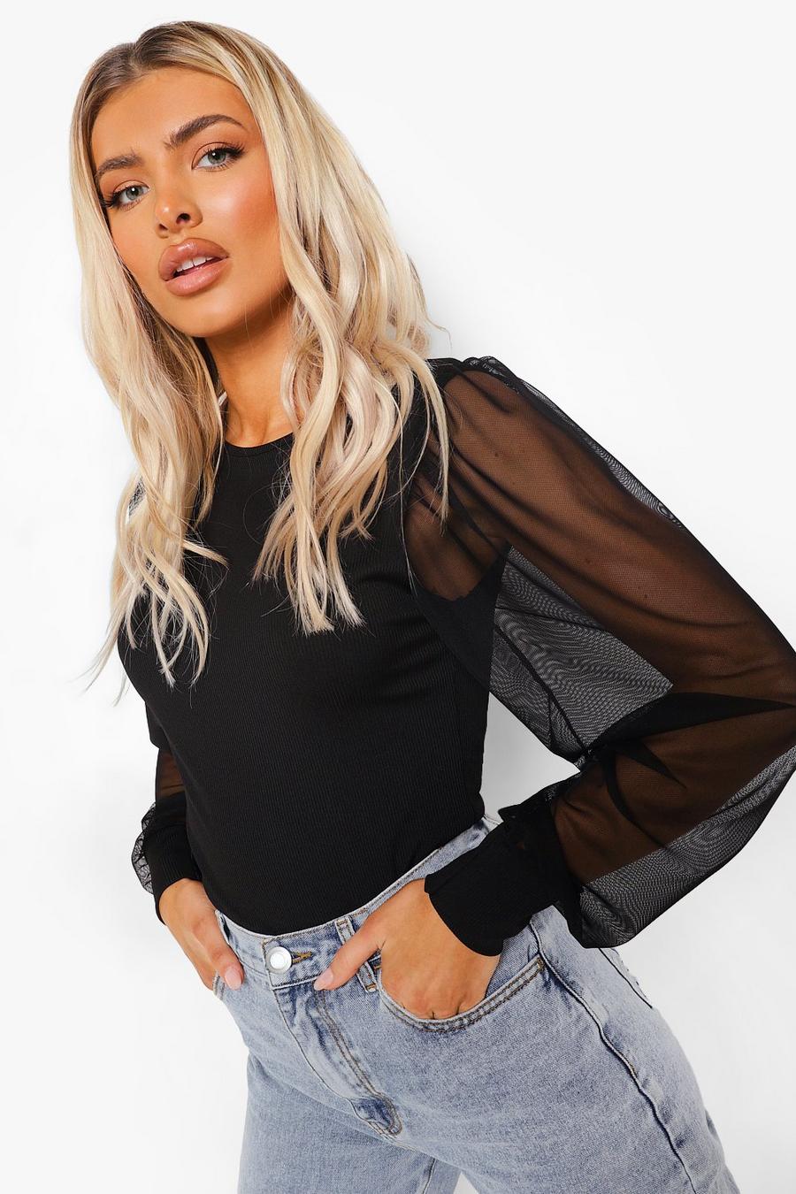 Ribbed Mesh Sleeve Top | boohoo USA Ribbed Mesh Sleeve Top | boohoo USA