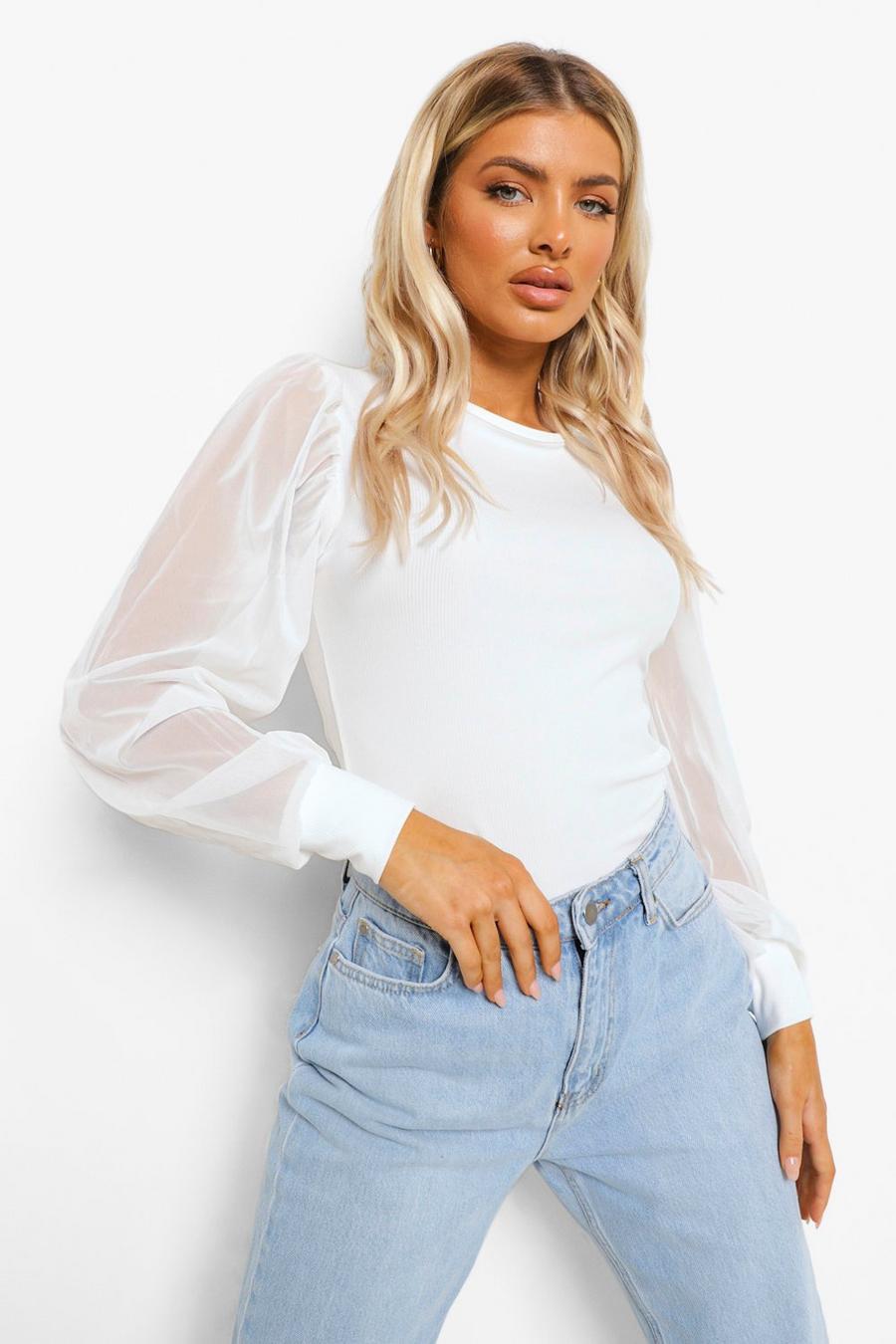 White Ribbed Mesh Sleeve Top image number 1