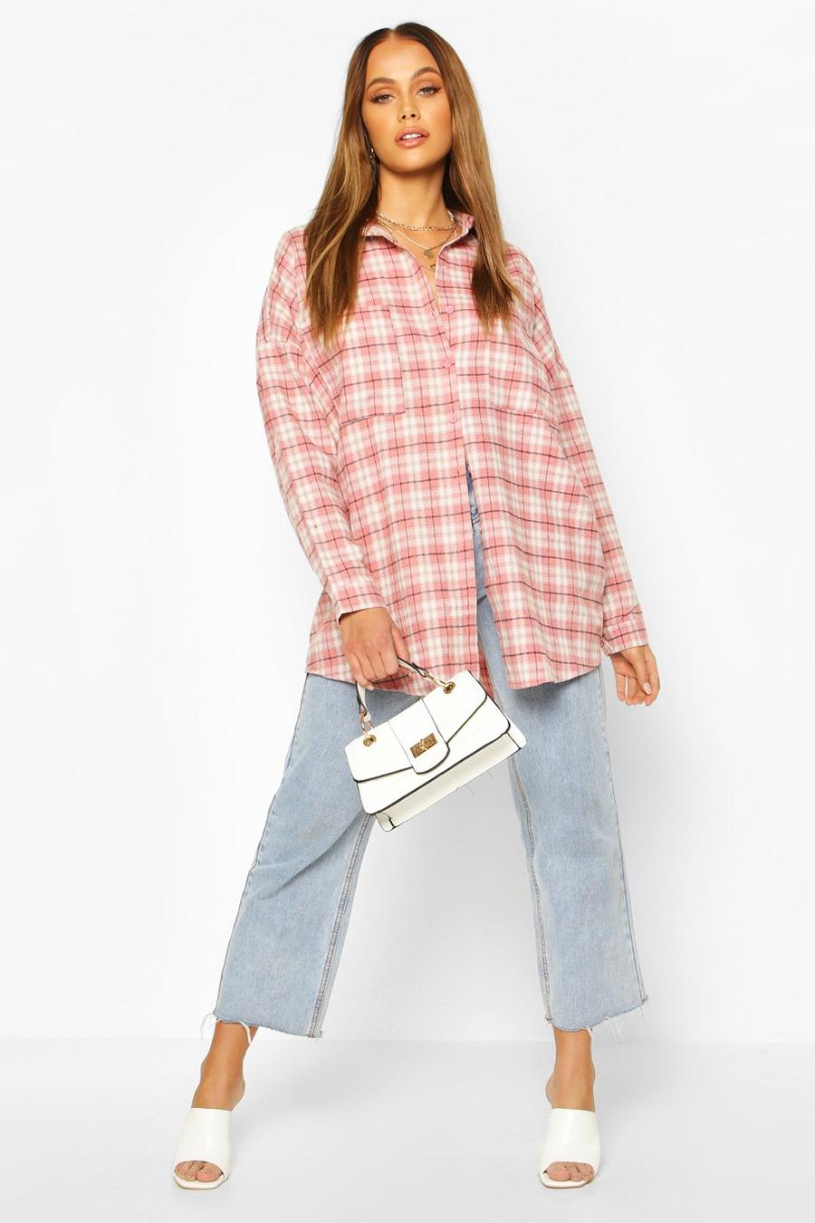 Pink Extreme Oversized Check Shirt With Pockets image number 1