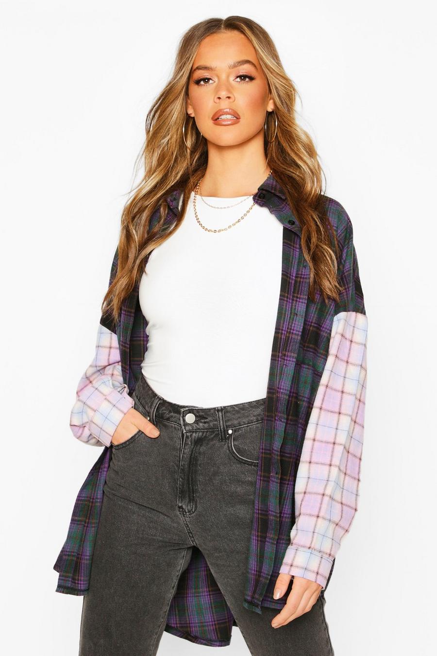 Purple Contrast Check Oversized Shirt With Pockets image number 1