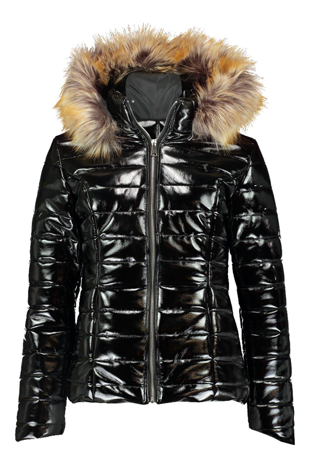 high shine puffer jacket with fur hood