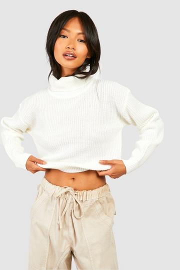 Cropped Fisherman Roll Neck Jumper cream