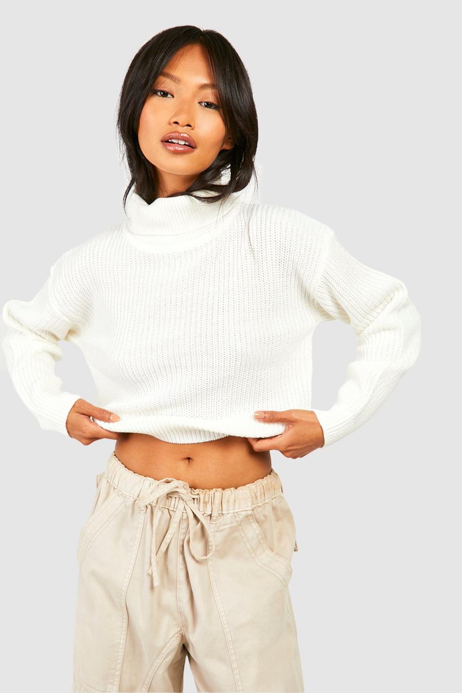 Cream white Cropped Fisherman Roll Neck Jumper image number 1