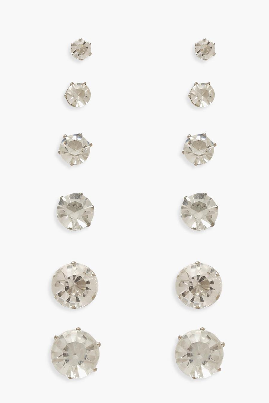 Silver 6 Pack Diamante Earrings image number 1