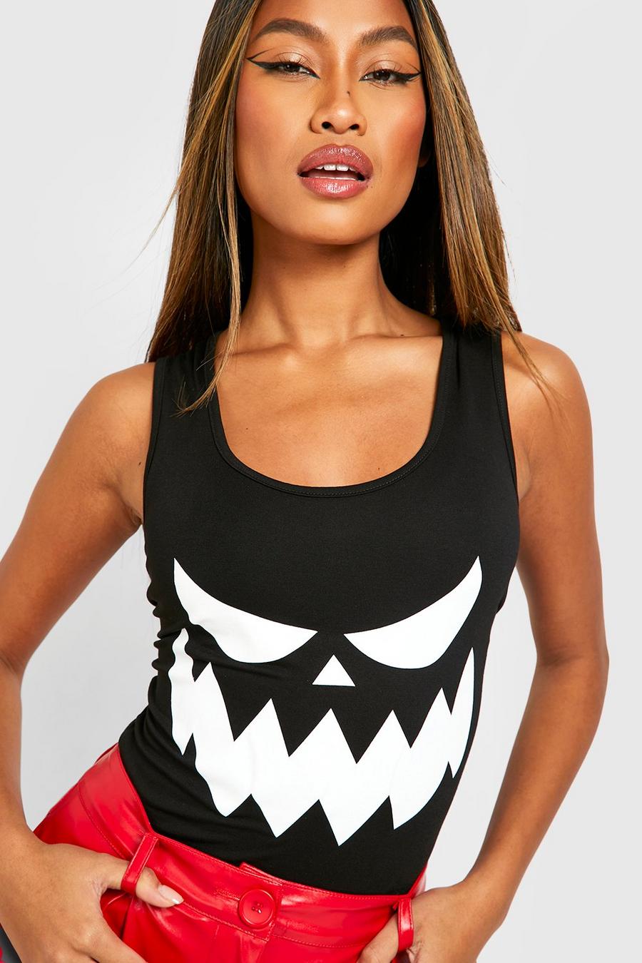 Black Halloween Face Print Bodysuit image number 1