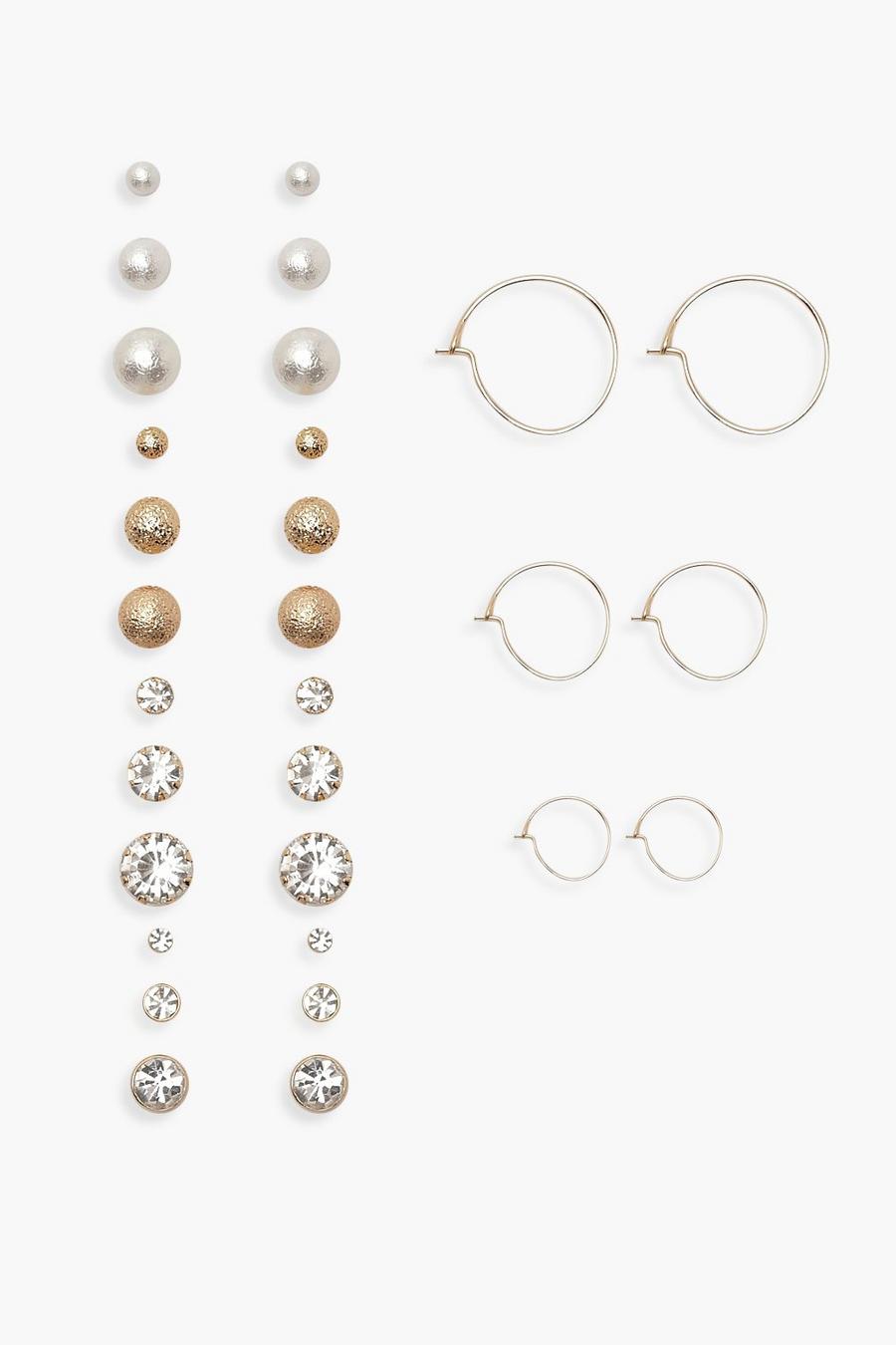 Confezione con 15 paia di orecchini a cerchio con perle e strass, Oro image number 1