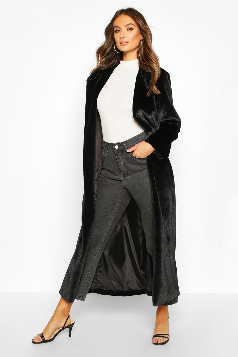 Longline Faux Fur Coat, Black image number 1