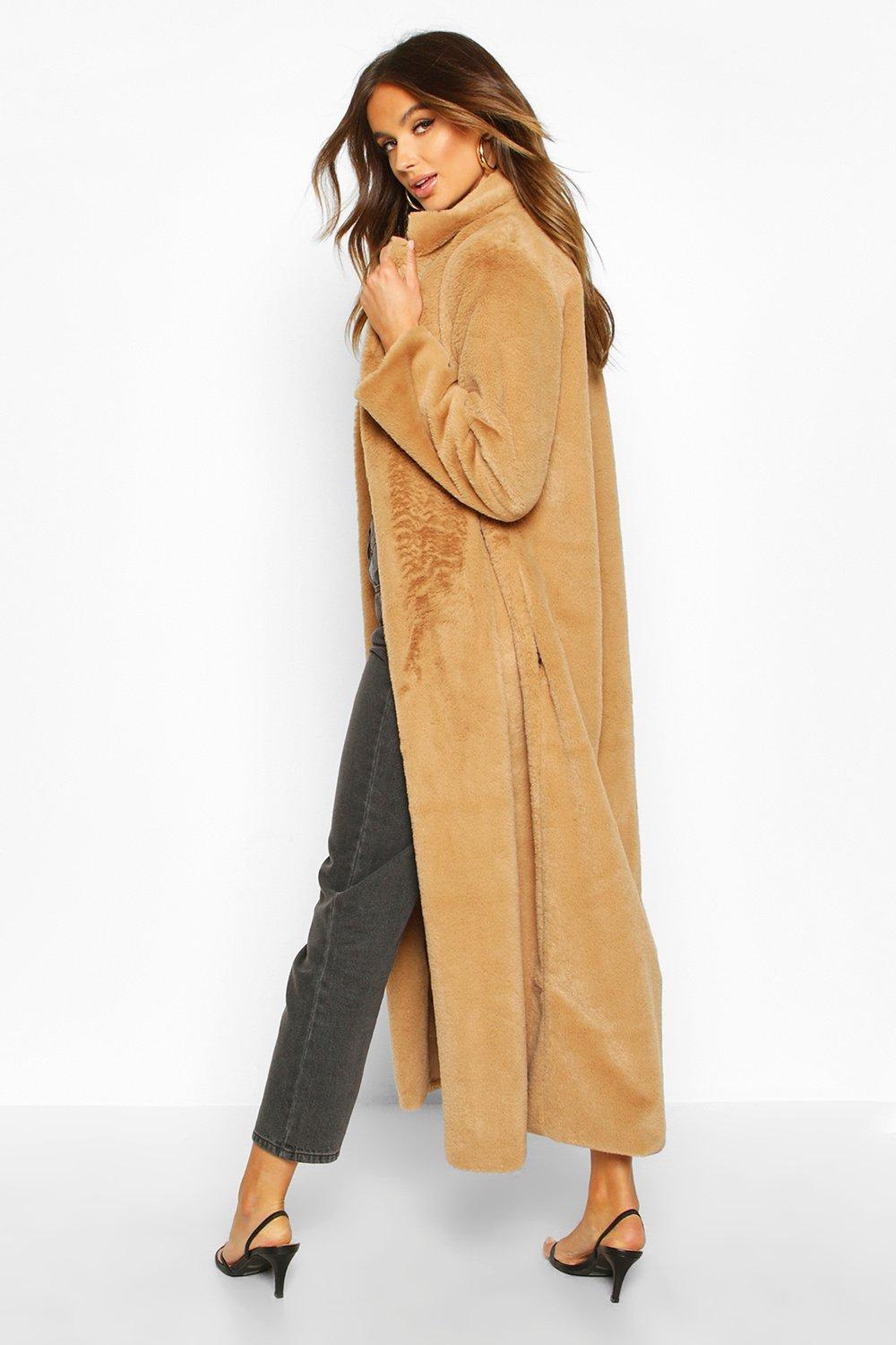 longline faux fur coat with hood