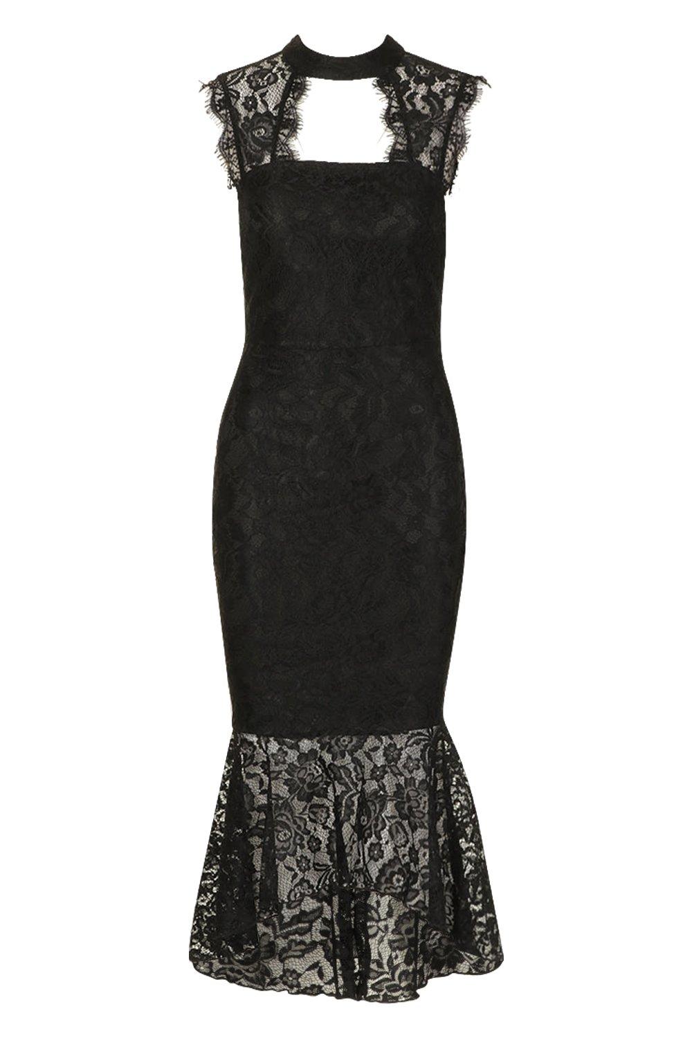 black lace high neck fishtail midaxi dress