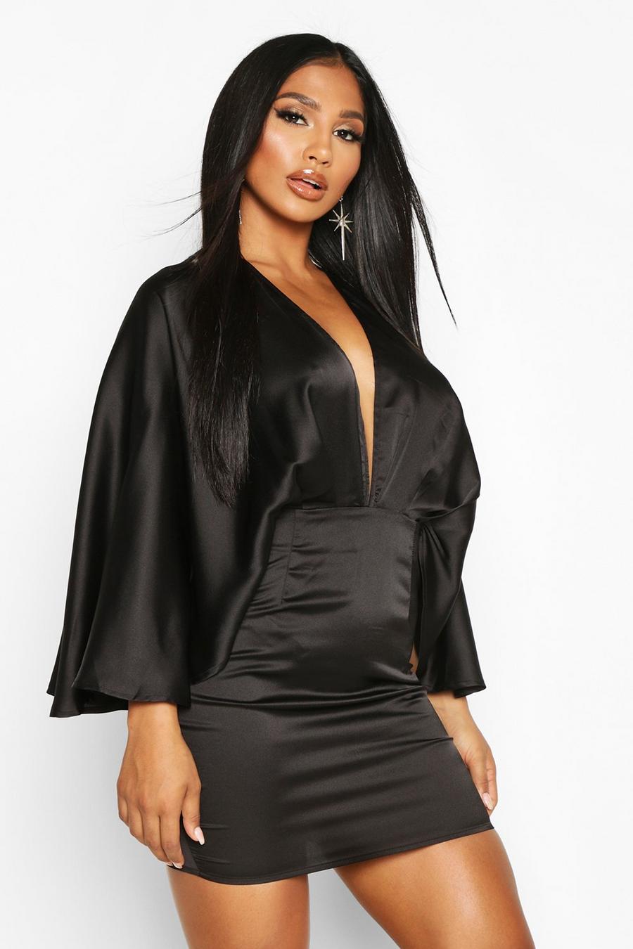 Satin Cape Mini Dress, Black image number 1