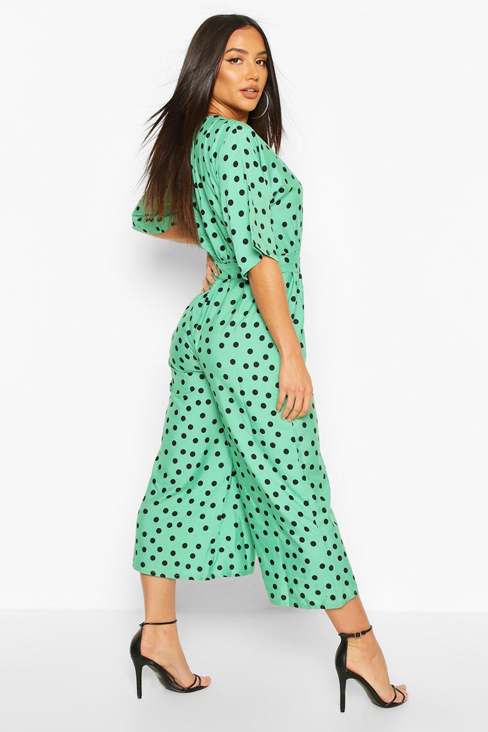 boohoo green polka dot jumpsuit