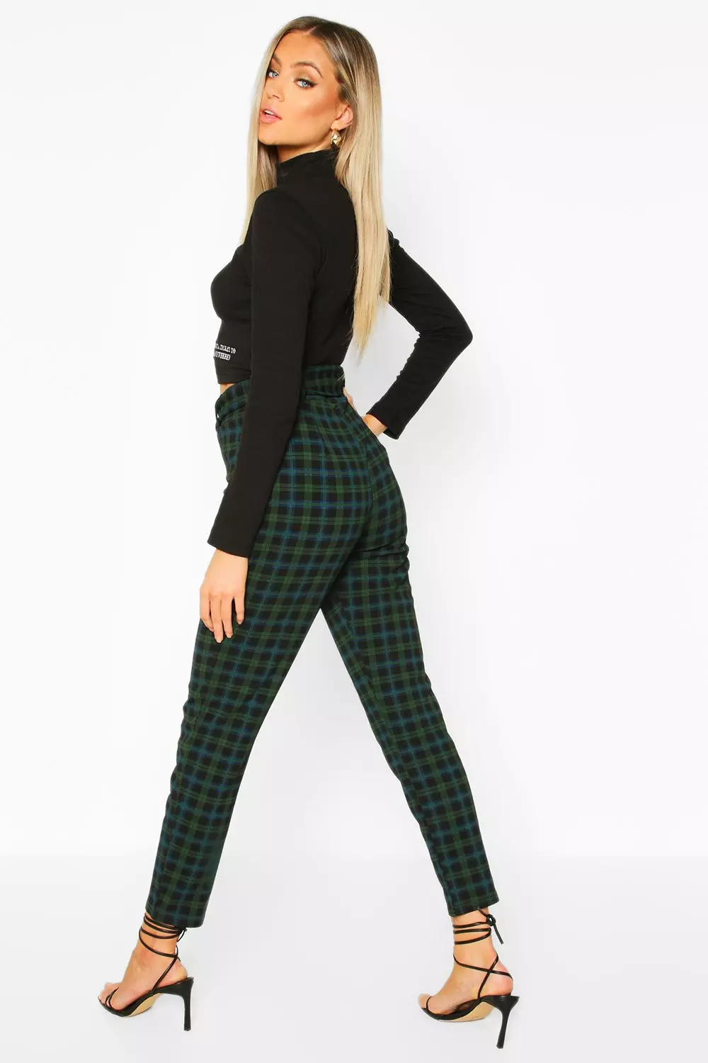 Green Slim Tartan Trousers Skinny Stretch Plaid Pants Check Jeans