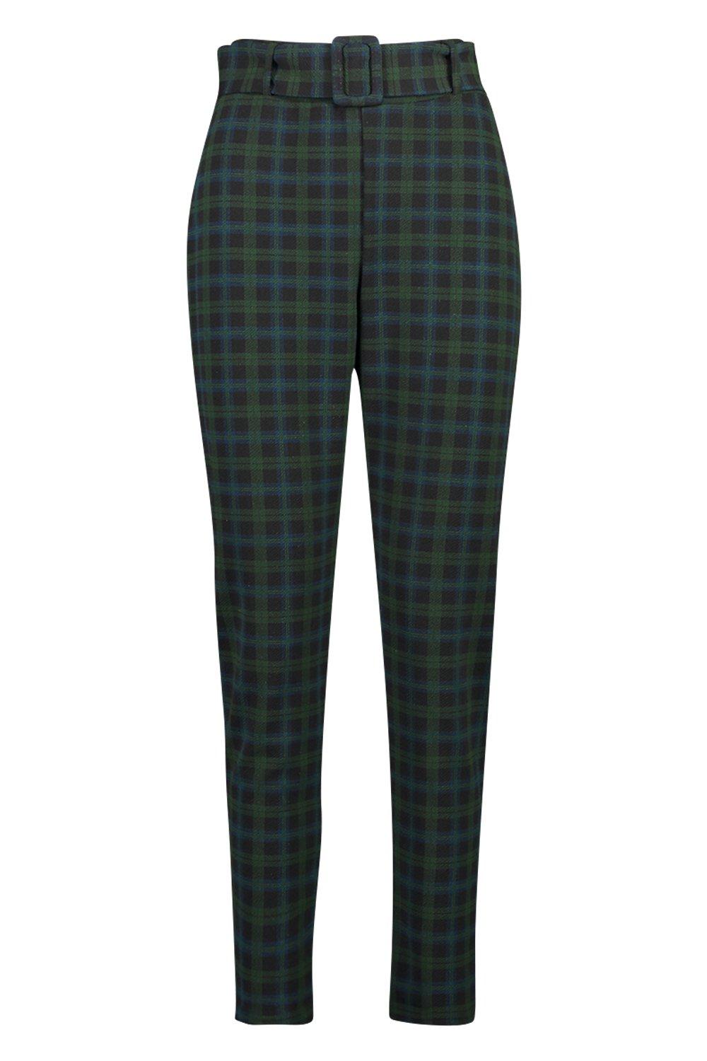 Green Plaid Stretchy Pants, Green Plaid Women Pants