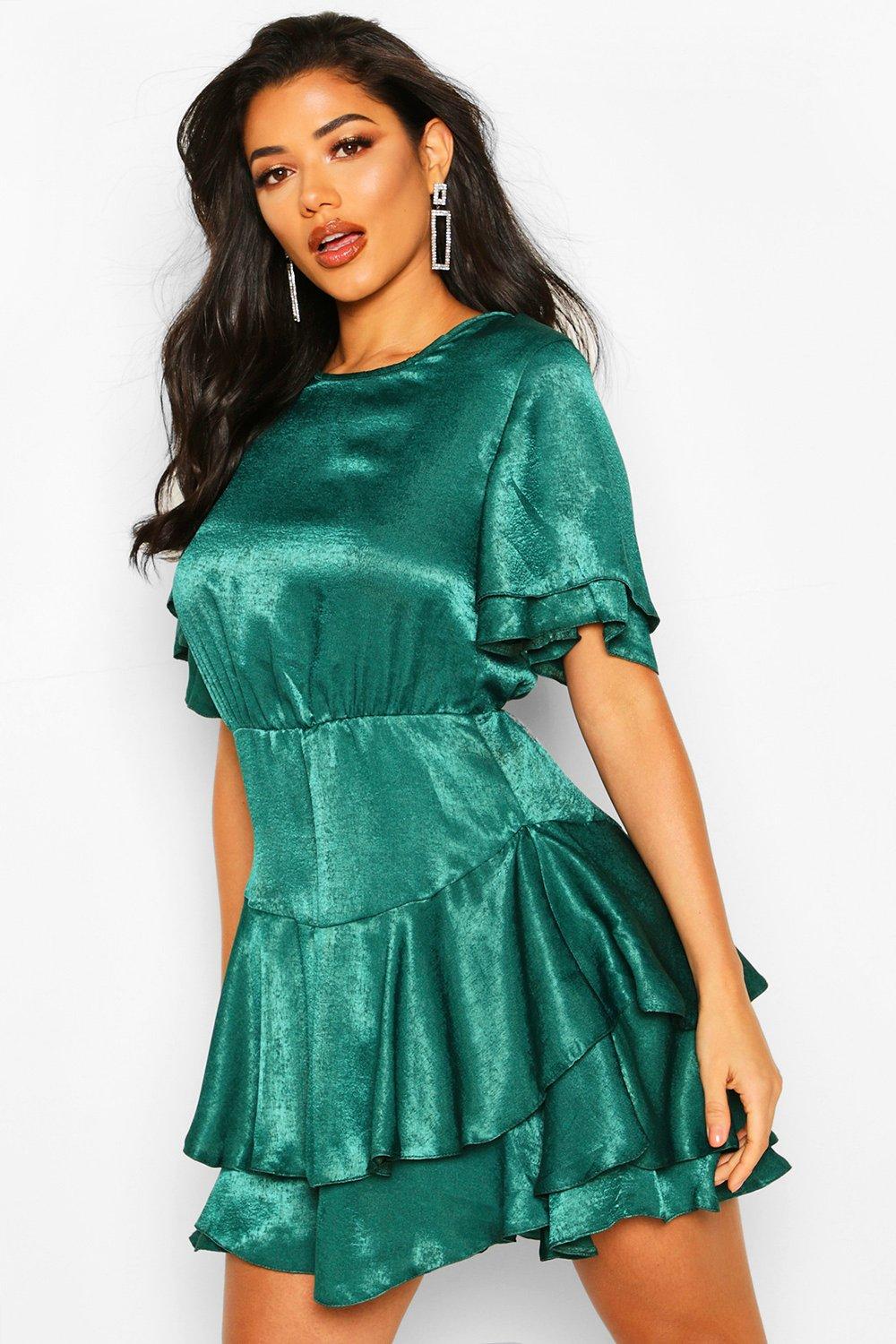 green satin skater dress